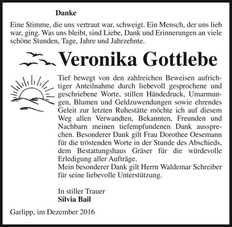  Traueranzeige für Veronika Gottlebe  vom 02.12.2016 aus Magdeburger Volksstimme