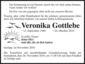 Traueranzeige von Veronika Gottlebe  von Magdeburger Volksstimme