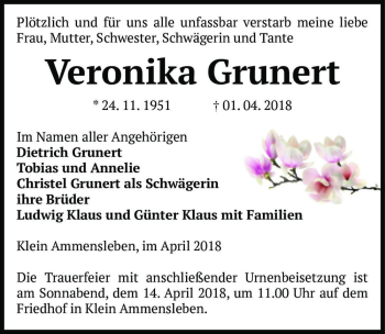 Traueranzeige von Veronika Grunert  von Magdeburger Volksstimme