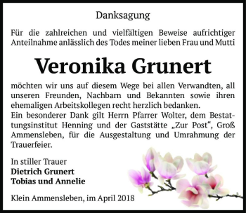 Traueranzeige von Veronika Grunert  von Magdeburger Volksstimme