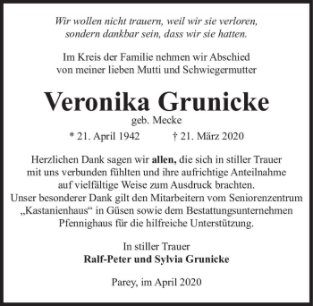 Traueranzeige von Veronika Grunicke (geb. Mecke)  von Magdeburger Volksstimme