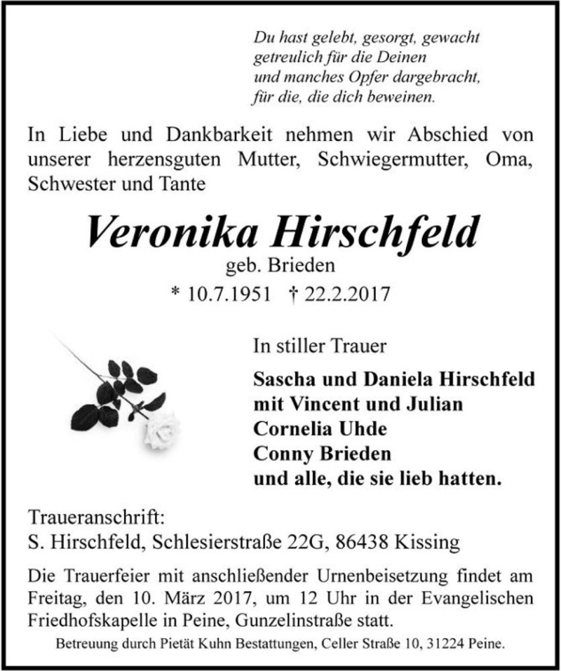  Traueranzeige für Veronika Hirschfeld (geb. Brieden)  vom 04.03.2017 aus Magdeburger Volksstimme