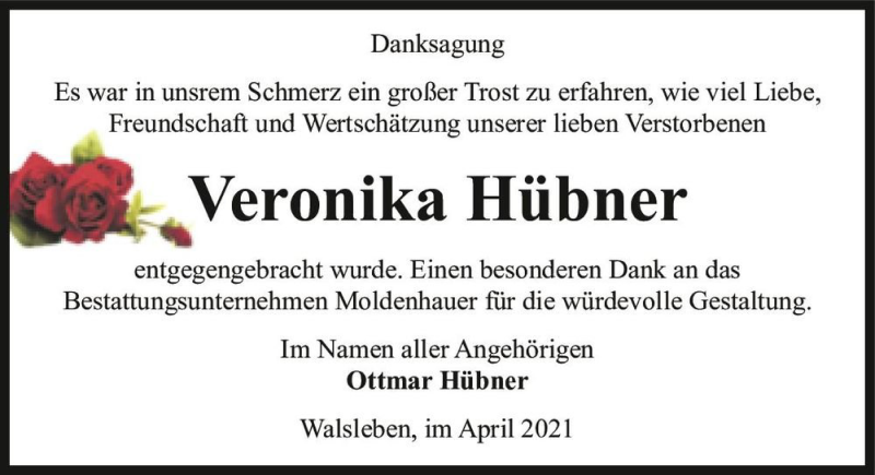  Traueranzeige für Veronika Hübner  vom 24.04.2021 aus Magdeburger Volksstimme