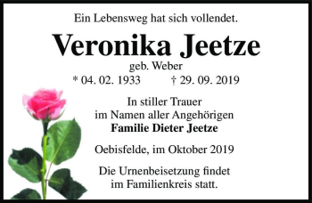 Traueranzeige von Veronika Jeetze (geb. Weber)  von Magdeburger Volksstimme