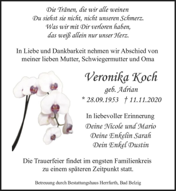 Traueranzeige von Veronika Koch (geb. Adrian)  von Magdeburger Volksstimme