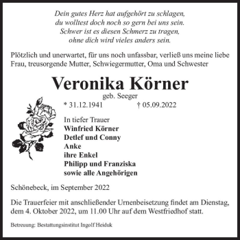 Traueranzeige von Veronika Körner (geb. Seeger)  von Magdeburger Volksstimme
