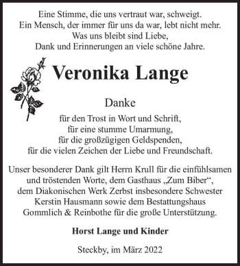 Traueranzeige von Veronika Lange  von Magdeburger Volksstimme
