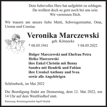 Traueranzeige von Veronika Marczewski (geb. Könnecke)  von Magdeburger Volksstimme
