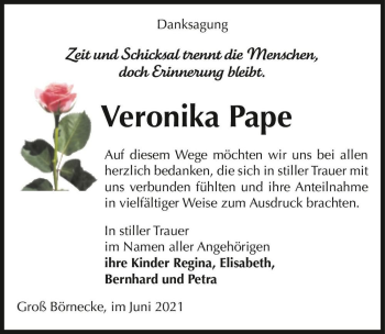Traueranzeige von Veronika Pape  von Magdeburger Volksstimme