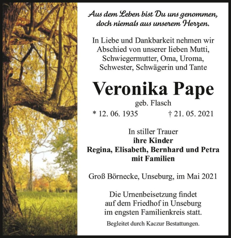  Traueranzeige für Veronika Pape (geb. Flasch)  vom 27.05.2021 aus Magdeburger Volksstimme