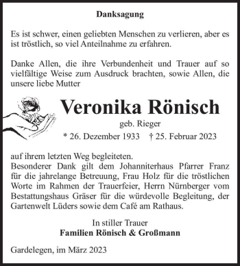 Traueranzeige von Veronika Rönisch (geb. Rieger)  von Magdeburger Volksstimme