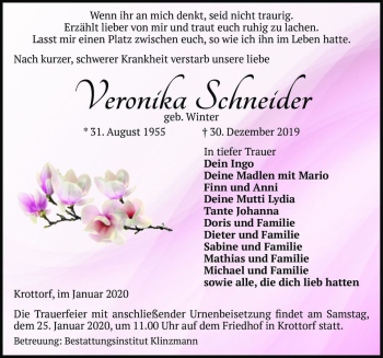 Traueranzeige von Veronika Schneider (geb. Winter)  von Magdeburger Volksstimme