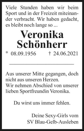 Traueranzeige von Veronika Schönherr  von Magdeburger Volksstimme