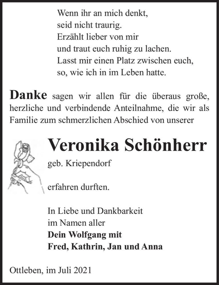  Traueranzeige für Veronika Schönherr (geb. Kriependorf)  vom 17.07.2021 aus Magdeburger Volksstimme