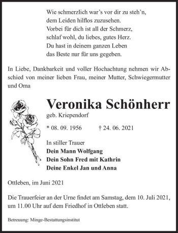 Traueranzeige von Veronika Schönherr (geb. Kriependorf)  von Magdeburger Volksstimme