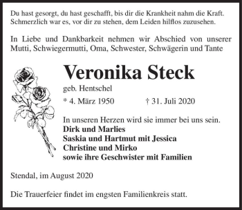 Traueranzeige von Veronika Steck (geb. Hentschel)  von Magdeburger Volksstimme