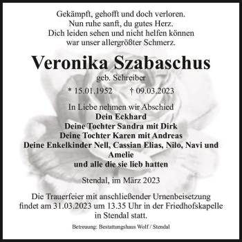 Traueranzeige von Veronika Szabaschus (geb. Schreiber)  von Magdeburger Volksstimme