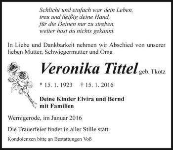 Traueranzeige von Veronika Tittel (geb. Tkotz)  von Magdeburger Volksstimme