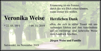 Traueranzeige von Veronika Weise  von Magdeburger Volksstimme