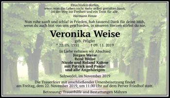 Traueranzeige von Veronika Weise (geb. Prögler)  von Magdeburger Volksstimme