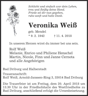 Traueranzeige von Veronika Weiß (geb. Mendel)  von Magdeburger Volksstimme