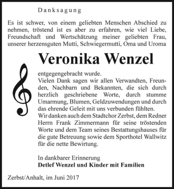 Traueranzeige von Veronika Wenzel  von Magdeburger Volksstimme