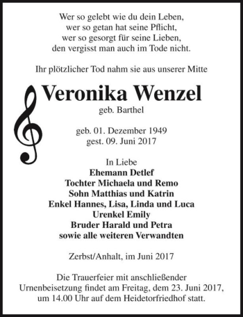 Traueranzeige von Veronika Wenzel (geb. Barthel)  von Magdeburger Volksstimme