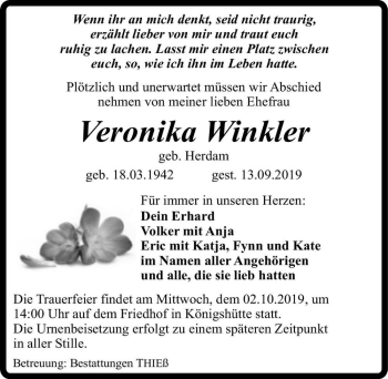 Traueranzeige von Veronika Winkler (geb. Herdam)  von Magdeburger Volksstimme