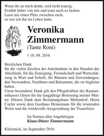 Traueranzeige von Veronika Zimmermann 