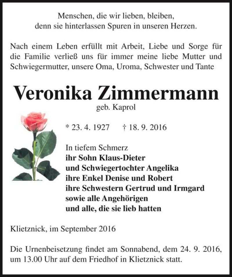 Traueranzeige für Veronika Zimmermann (geb. Kaprol)  vom 21.09.2016 aus Magdeburger Volksstimme