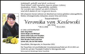 Traueranzeige von Veronika von Koslowski (geb. König)  von Magdeburger Volksstimme