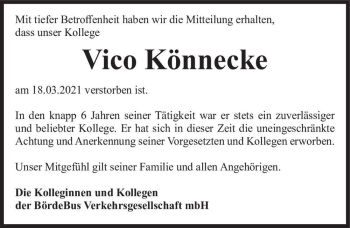Traueranzeige von Vico Könnecke  von Magdeburger Volksstimme