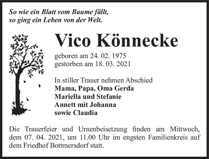  Traueranzeige für Vico Könnecke  vom 27.03.2021 aus Magdeburger Volksstimme
