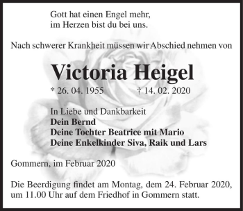 Traueranzeige von Victoria Heigel  von Magdeburger Volksstimme