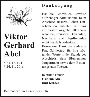 Traueranzeige von Viktor Gerhard Abel  von Magdeburger Volksstimme