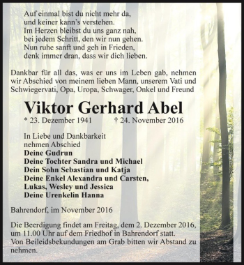 Traueranzeige von Viktor Gerhard Abel  von Magdeburger Volksstimme