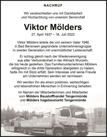 Traueranzeige von Viktor Mölders  von Magdeburger Volksstimme