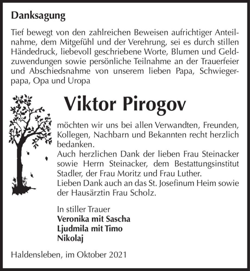  Traueranzeige für Viktor Pirogov  vom 09.10.2021 aus Magdeburger Volksstimme