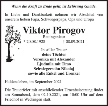 Traueranzeige von Viktor Pirogov  von Magdeburger Volksstimme