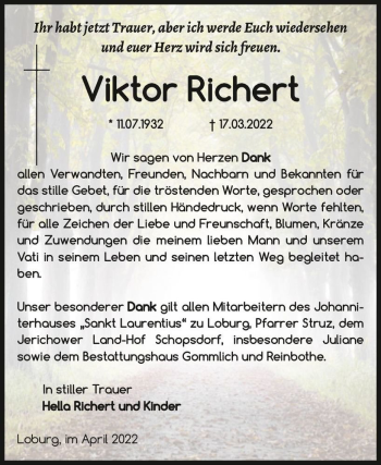 Traueranzeige von Viktor Richert  von Magdeburger Volksstimme