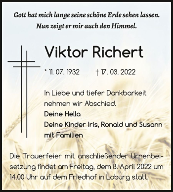 Traueranzeige von Viktor Richert  von Magdeburger Volksstimme
