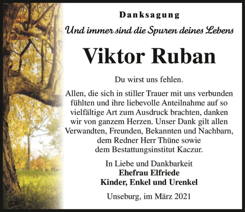  Traueranzeige für Viktor Ruban  vom 20.03.2021 aus Magdeburger Volksstimme