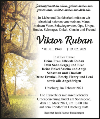 Traueranzeige von Viktor Ruban  von Magdeburger Volksstimme