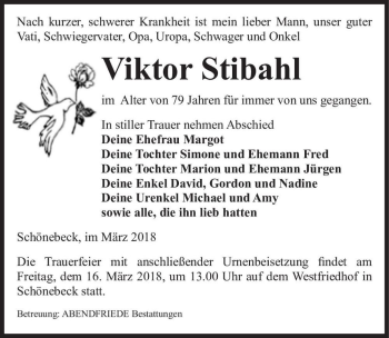 Traueranzeige von Viktor Stibahl  von Magdeburger Volksstimme