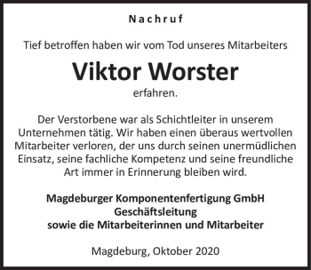Traueranzeige von Viktor Worster  von Magdeburger Volksstimme