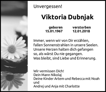 Traueranzeige von Viktoria Dubnjak  von Magdeburger Volksstimme
