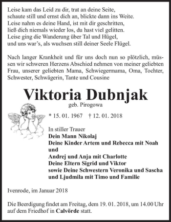 Traueranzeige von Viktoria Dubnjak (geb. Pirogowa)  von Magdeburger Volksstimme