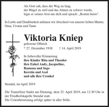 Traueranzeige von Viktoria Kniep (geb. Olbrich)  von Magdeburger Volksstimme