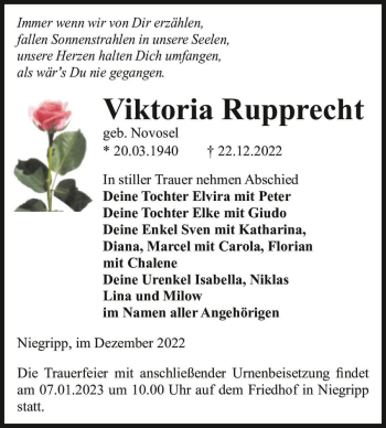 Traueranzeige von Viktoria Rupprecht (geb. Novosel)  von Magdeburger Volksstimme