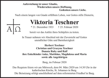 Traueranzeige von Viktoria Teschner  von Magdeburger Volksstimme